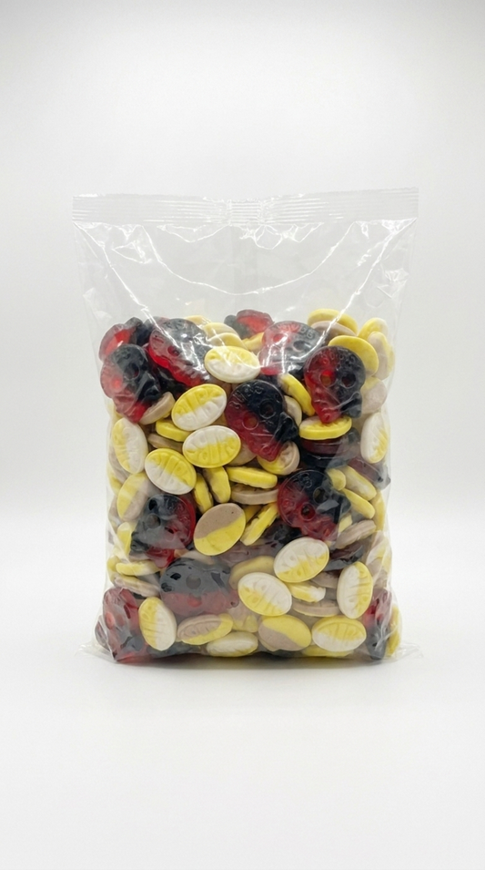 (RARE) VIRAL 1KG Bulk BUBS Raspberry Salty Liquorice Skulls & Banana Toffee Ovals