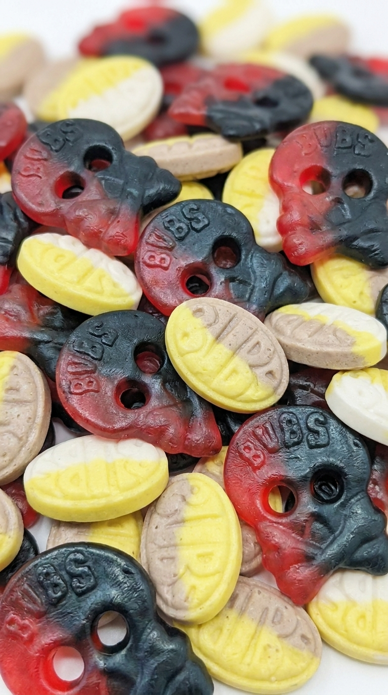 (RARE) VIRAL 1KG Bulk BUBS Raspberry Salty Liquorice Skulls & Banana Toffee Ovals